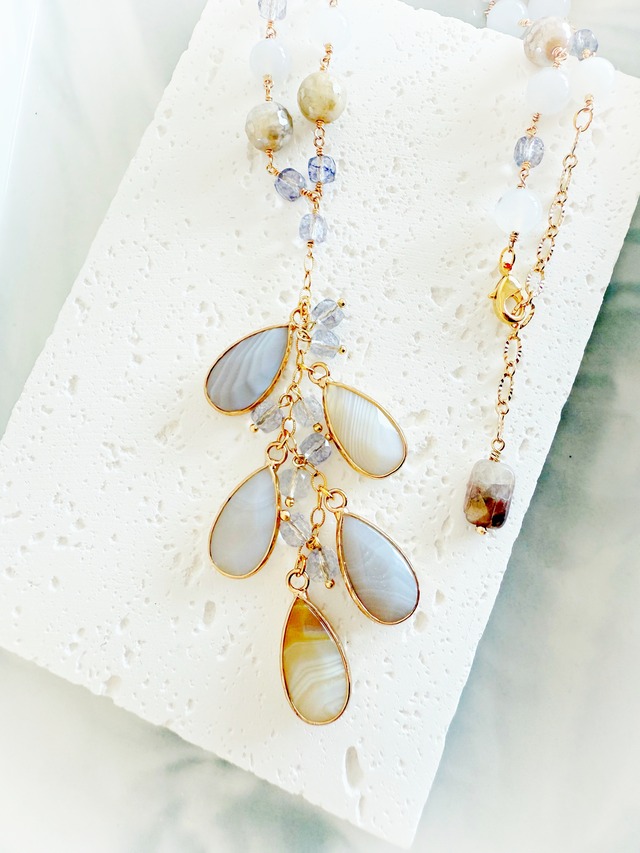 《初秋のペールブルー》ボツワナアゲート、ブルーカルセドニー、サンストーン ネックレス＆ピアスセット
