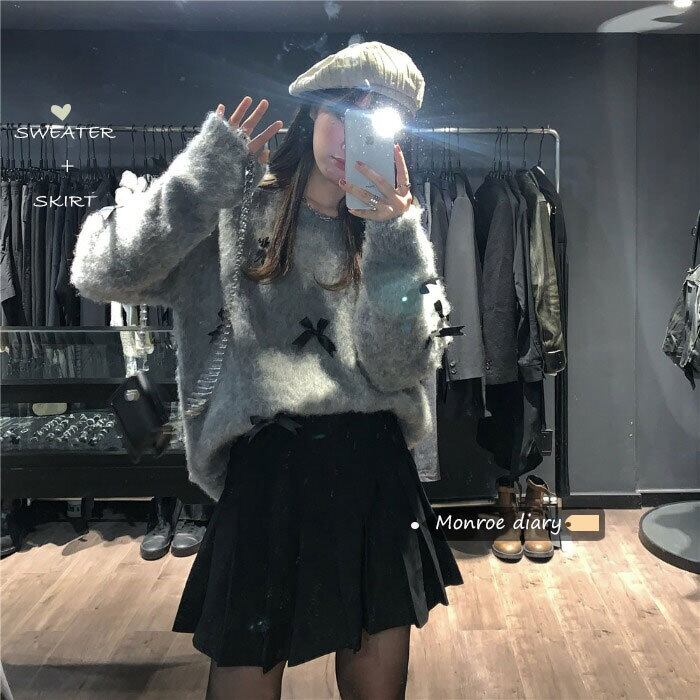 グレーセーター レディースルーズスタイルオータムウィンターシャツ ニットトップス 秋物 冬物 モンロー70043312937