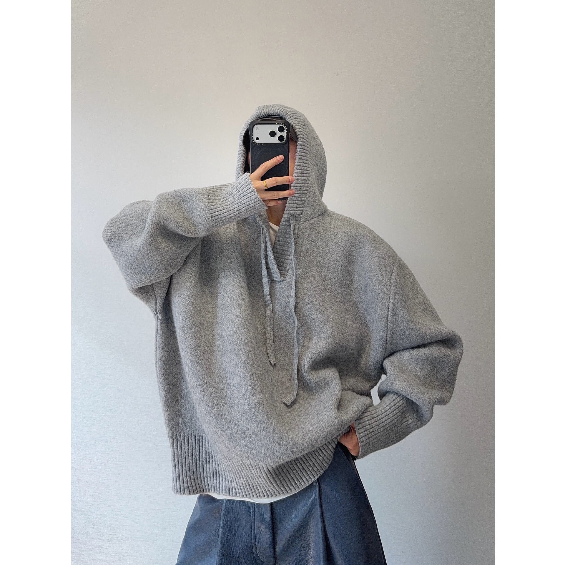 dannyandzeeグレービッグサイズワイドフード付きニットセーター