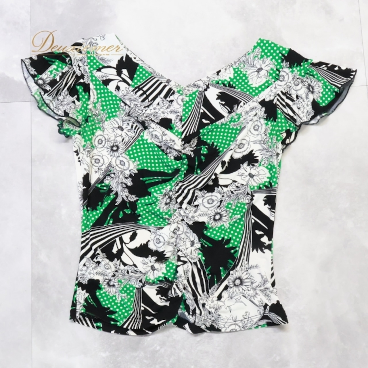 社交ダンス 衣装 トップス ブラウス ブラック系 チャコットロイヤルダンス Chacott ROYAL DANCE 練習 レッスン 伸縮 ストレッチ 花柄 水玉 ドット柄 半袖 絞り 日本製 かわいい 鮮やか 華やか パーティー グリーン系 ホワイト系