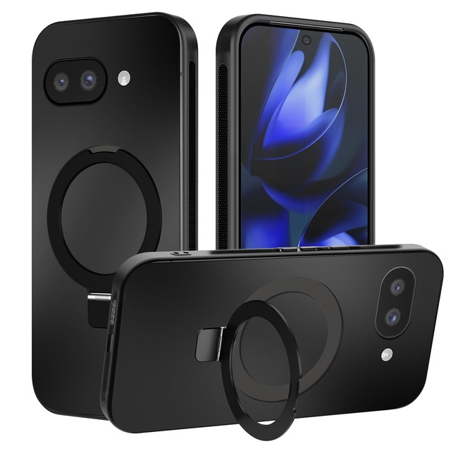 ZXZone Google Pixel 9a 用 ケーススタンド Magsafe対応 電光質感 スタンド機能 縦横両対応 ピクセル9a カバー 耐衝撃 MIL規格 滑り止め 防指紋 ストラップホール ワイヤレス充電 スマホケース ブラック(pixel9a 対応)