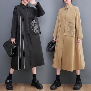DESIGN POCKET PIPING LINED A-LINE MIDI SHIRT DRESS 2colors M-6850