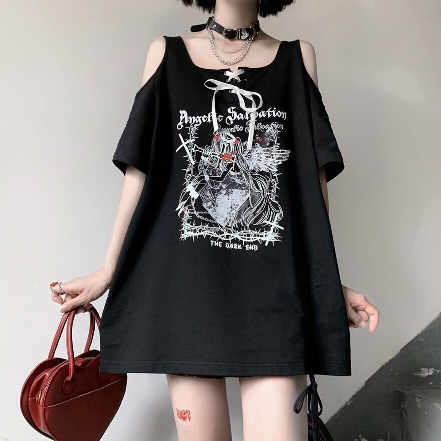 半袖 Tシャツ オフショルダー リボン 闇かわいい｜天使と悪魔