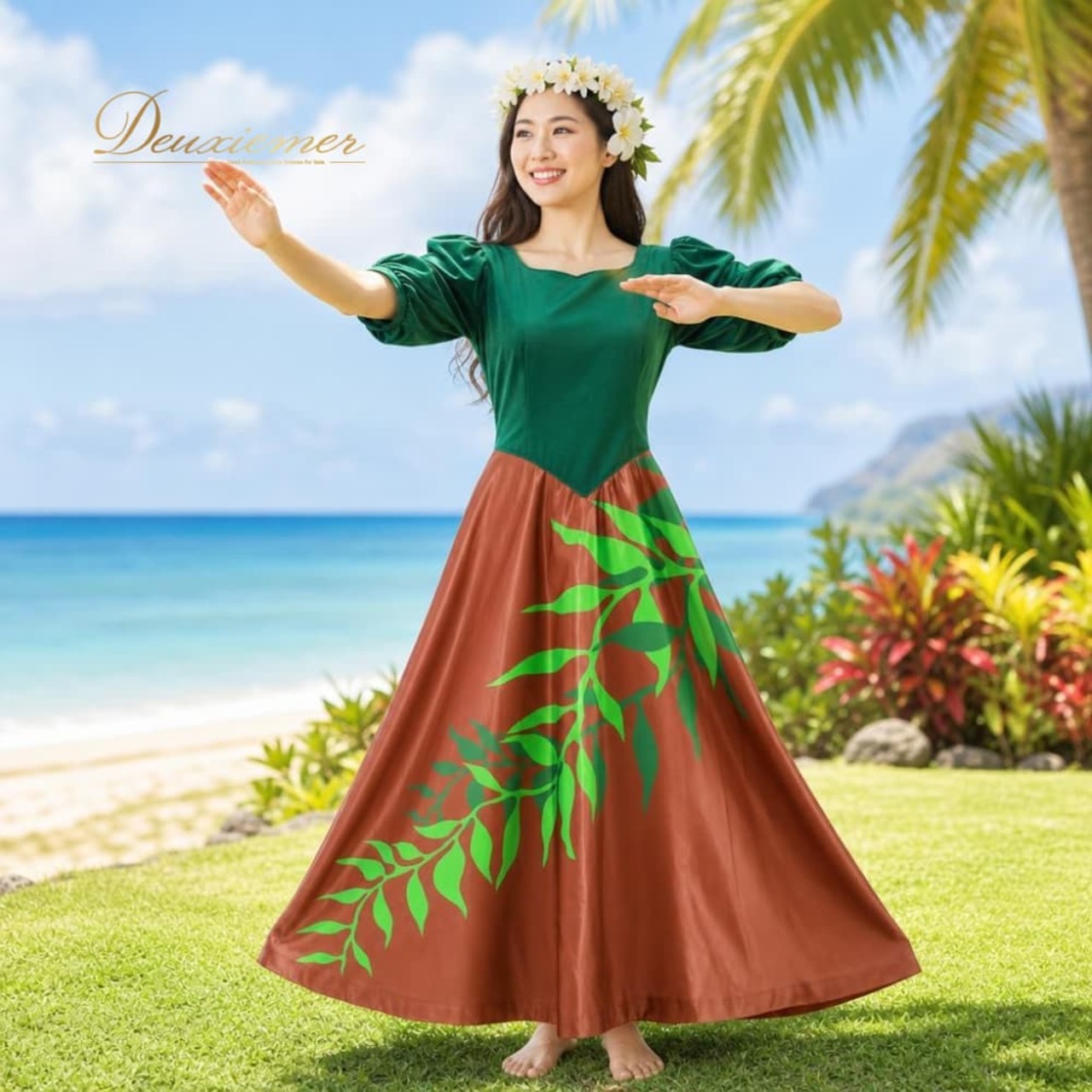 フラダンス 衣装 FANCY DRESS ファンシードレス ワンピース ドレス グリーン系 植物柄 ベロア生地 ハワイアンプリント ハワイアン アロハ フラ ダンス レッスン 練習 ハワイアンダンス 緑 黄緑 茶 ブラウン系 高級感 フレアスカート 華やか 鮮やか 上品 大人っぽい