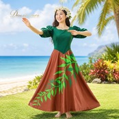 フラダンス 衣装 FANCY DRESS ファンシードレス ワンピース ドレス グリーン系 植物柄 ベロア生地 ハワイアンプリント ハワイアン アロハ フラ ダンス レッスン 練習 ハワイアンダンス 緑 黄緑 茶 ブラウン系 高級感 フレアスカート 華やか 鮮やか 上品 大人っぽい