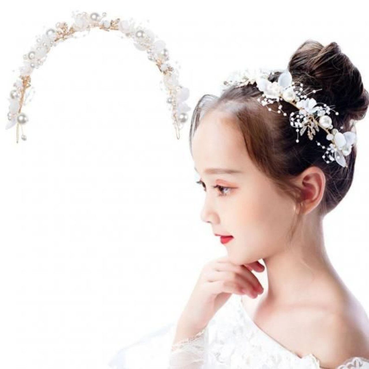 カチューシャ ゴールド パール 花 蝶 オーガンジーリボン 子ども 大人 ヘアアクセ
