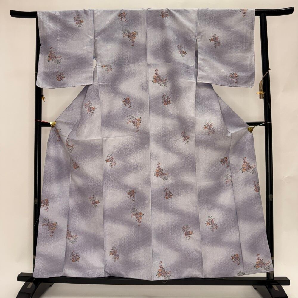 小紋 洗える着物 裄65.2cm 身丈159cm 花柄 袷 お洒落着 普段着 ポリエステル 薄紫 美品 M サイズ 6803