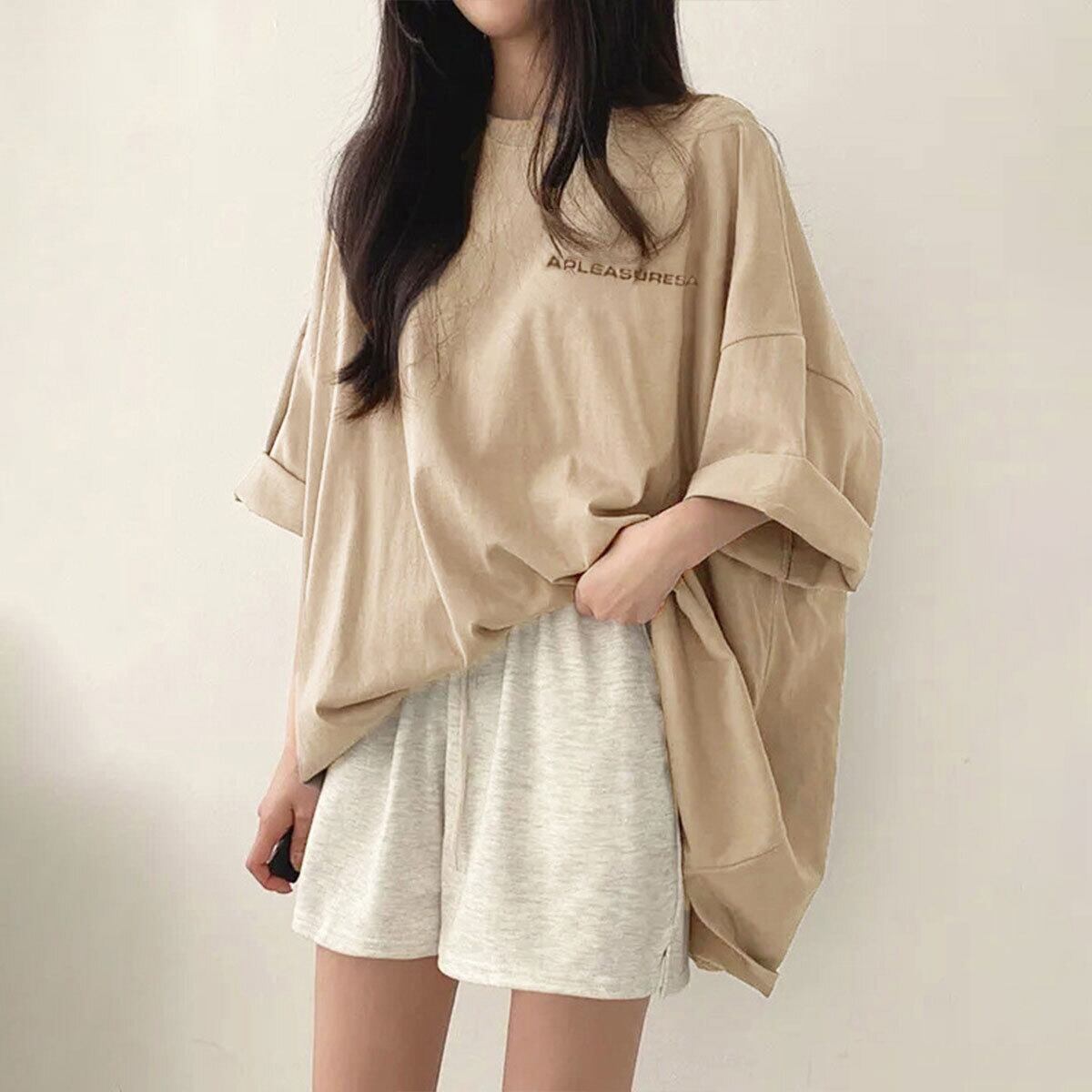 Tシャツ 五分袖 ロゴ レディース メンズ 春 夏 秋 韓国 ゆったり オーバーサイズ 大人 カジュアル ストリート系 原宿系 ロンT ロゴT 体型カバー チュニック 大人可愛い 大人女子