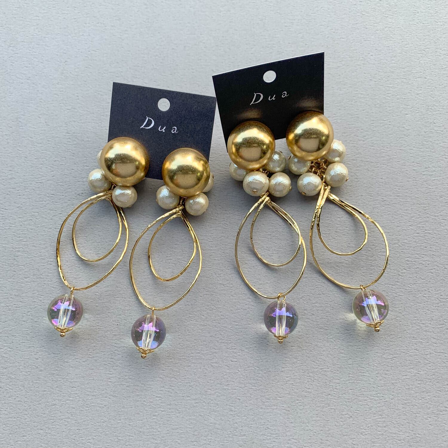 ゴールド真鍮カボションと2重雫捻りフープの〈ピアス/イヤリング