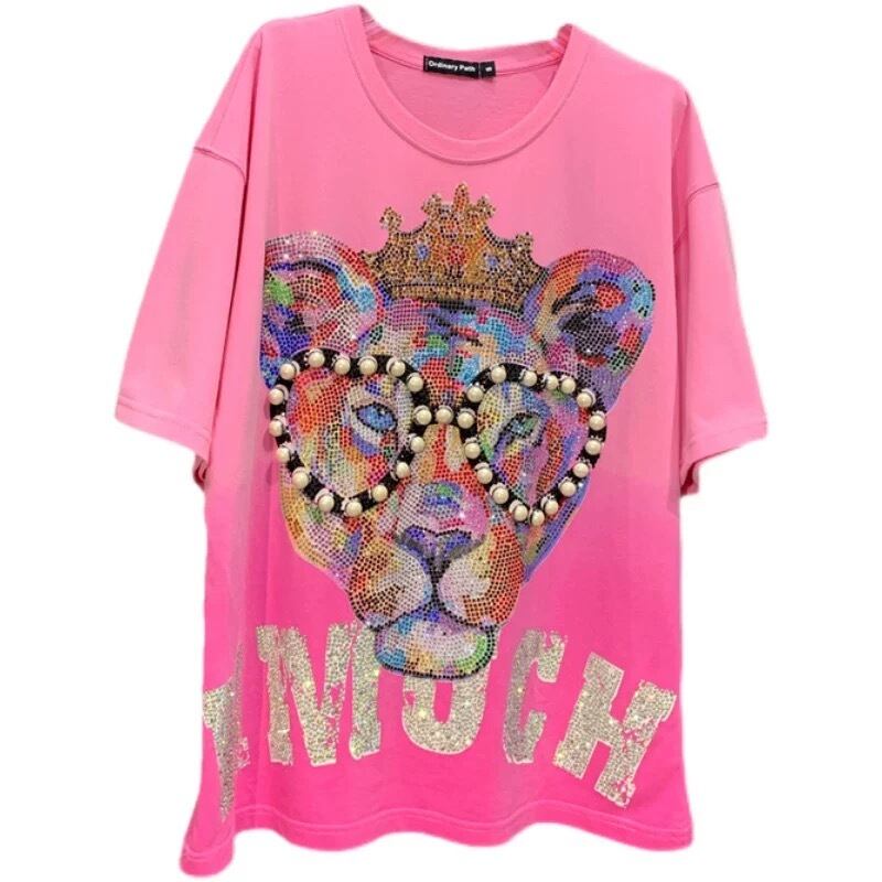 Tシャツ ピンク ストリート パール Tシャツ キラキラ ラインストーン