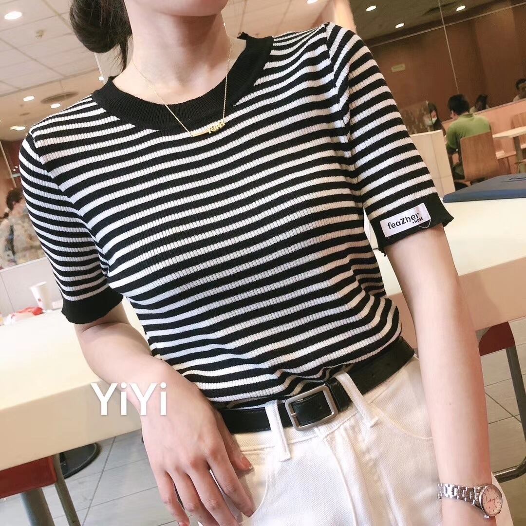 5部袖 ボーダークルーネックトップス AJ111-3015