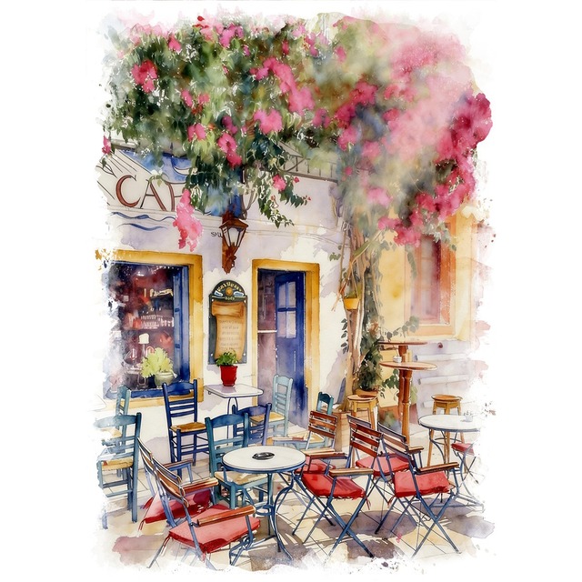 絵画 ギリシャ 風景画(街並み)  パクシ島にあるカフェ インテリアアート額付き 水彩画・油絵調 WAT0449
