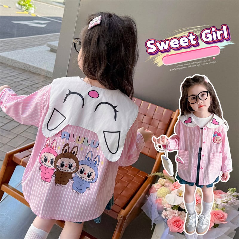 大きい耳襟がポイント!甘めデザイン 春の1枚 ♡ labubu 子供用 ピンクストライプシャジャケ かわいくて着回し抜群 キッズ 90〜140cm