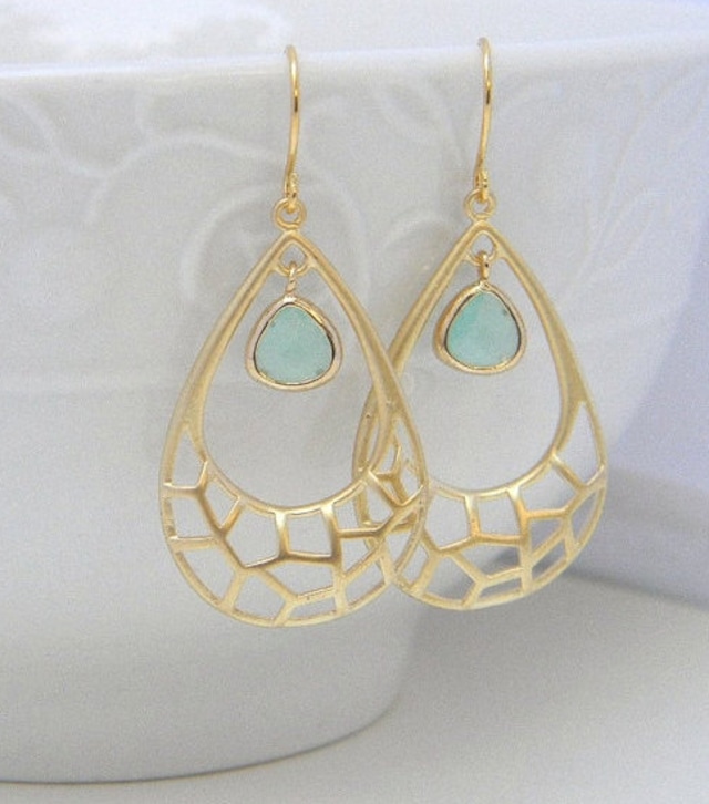 Gold and Aqua Teardrop Earrings