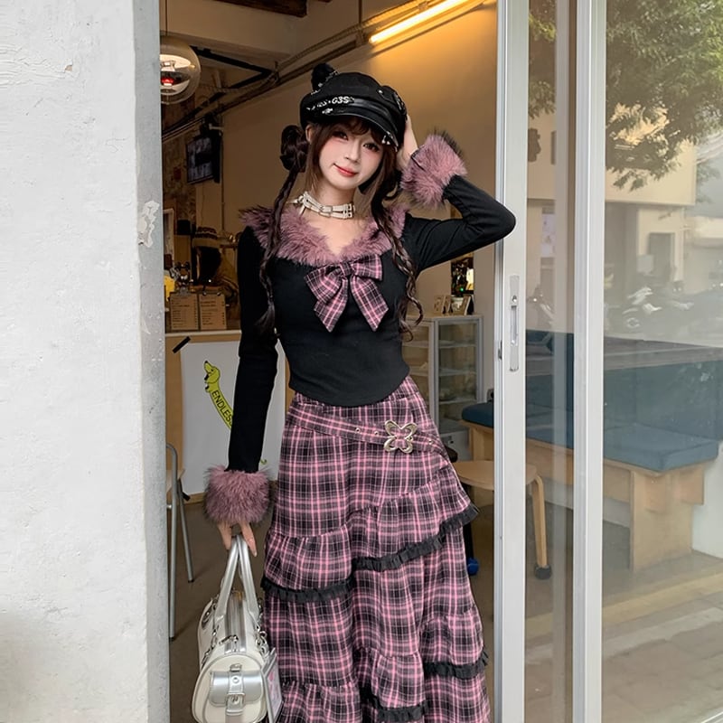 【set】リボン付きファードッキングトップス×ロングティアードスカートセット Q7623