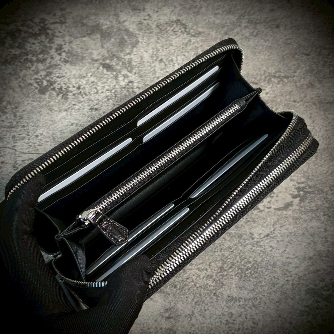 クロコダイル 長財布 大容量 ダブルファスナー 財布 一枚革 ブラック