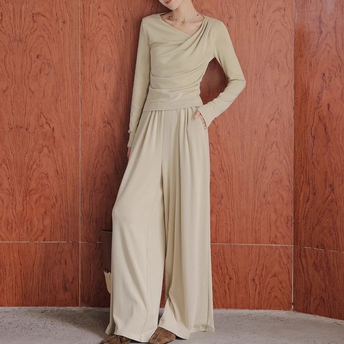 【2点セット】2色／ドレープトップス+ワイドレッグパンツ ・19726