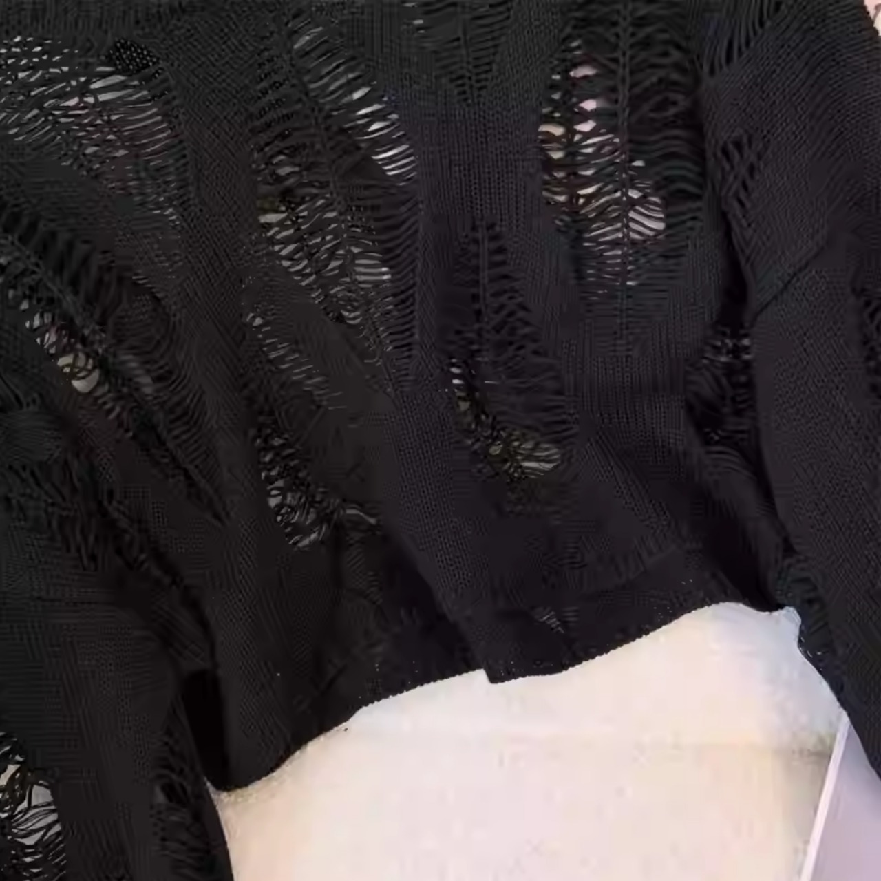 Ripped openwork long sleeve T-shirt(ME353)