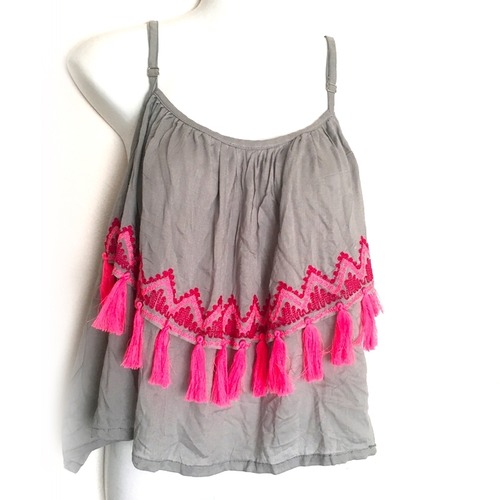 刺繍×タッセル リゾートキャミソール(グレー)海 ビーチ 【バリ島直輸入】