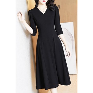 Vネック 七分袖 ミモレ丈Aラインワンピース G0333