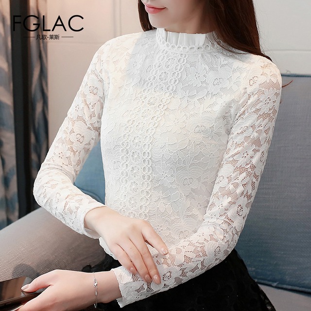 FGLAC 女性ブラウスシャツ新ファッションカジュアル長袖レースシャツエレガントなスリムスタンドカラーの女性は白シャツ blusas