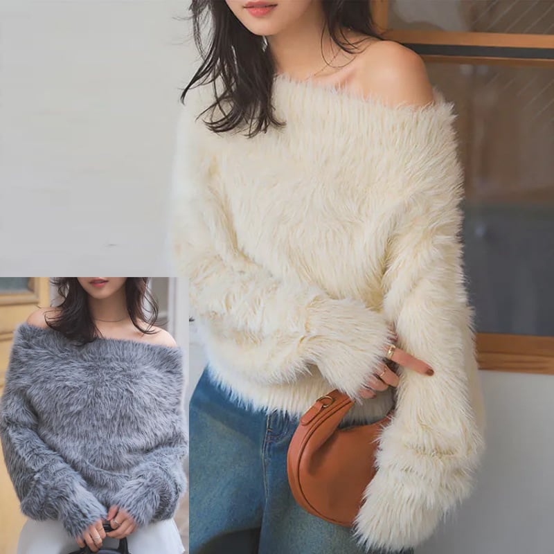 【tops】シャギーオフショルダーニットセーター M28551