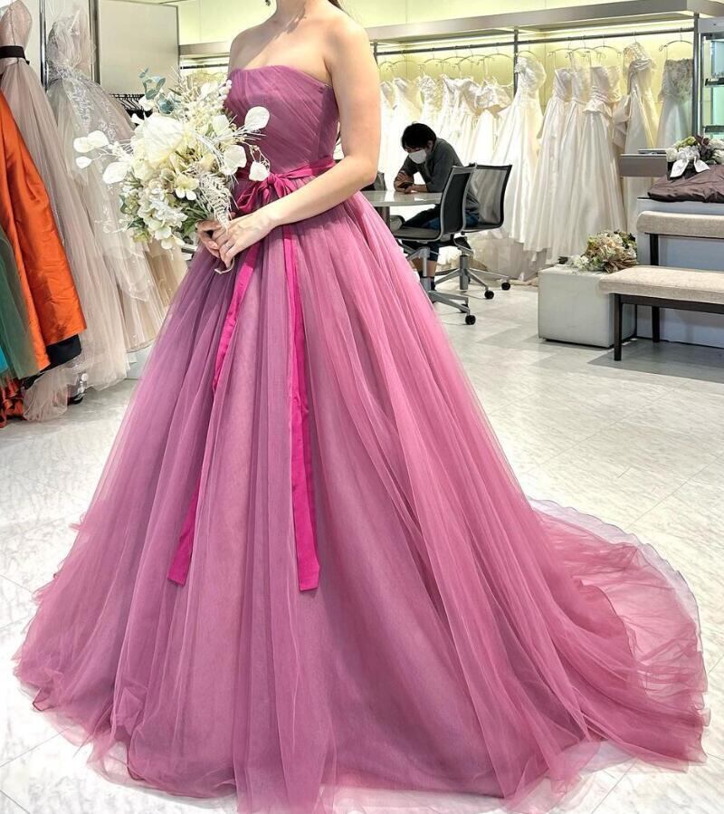 高品質！ ピンク紫 チュールスカート サッシュベルト 花嫁  