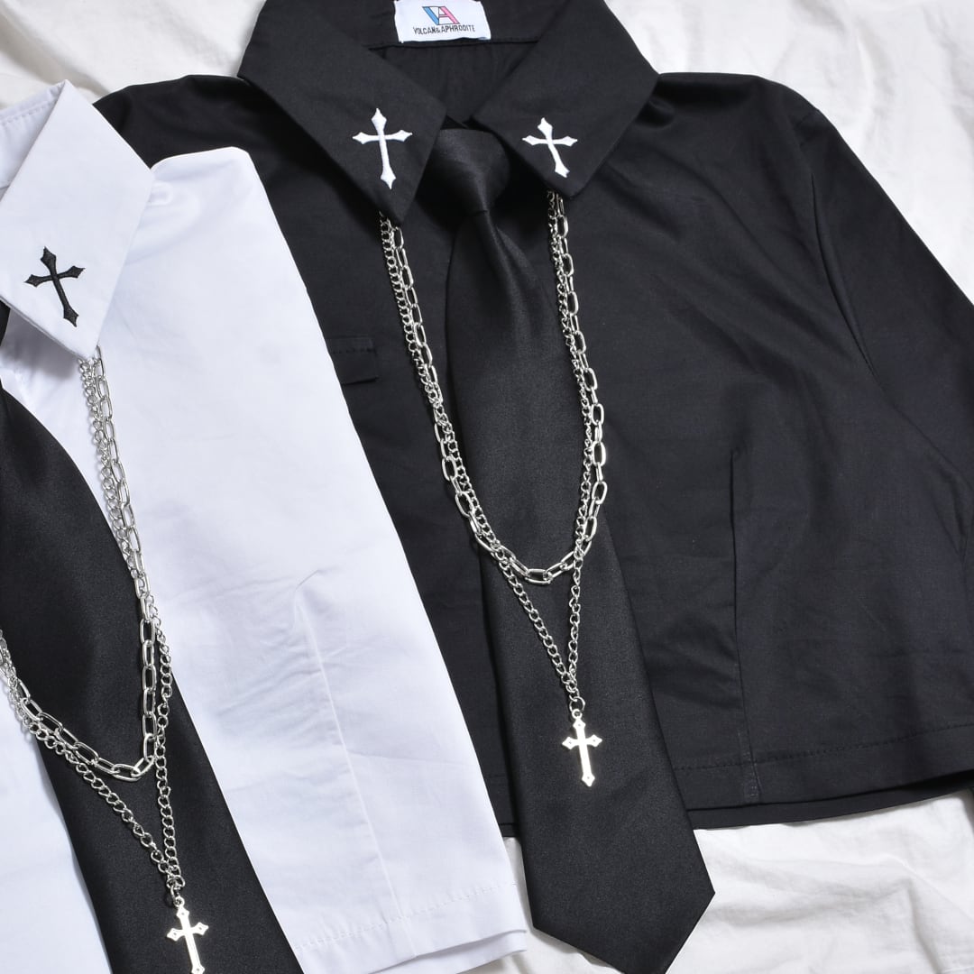 3点セット】ネクタイ+2連チェーン付き ショート丈シャツ