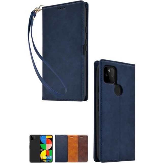 シズカウィル Google Pixel5a ケース カバー 手帳型 本革調 レザーケース ネイビー 1個入り 6