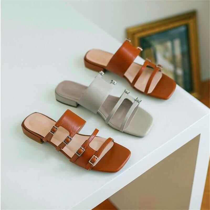 【新作】【送料無料】 ストラップデコレーションレディーススクエアトゥハイヒールファッションセクシーベージュブラウンフラットシューズサマーレディースサンダルとスリッパ 靴 ミュール 夏物 スクウェア 10b338389033497