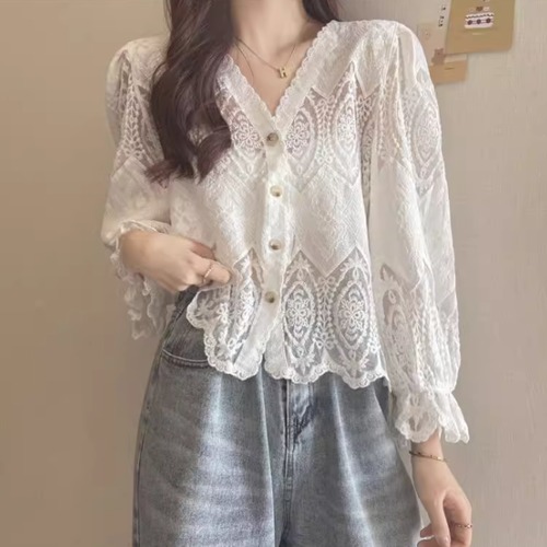 レースカーディガン レディース カーディガン 羽織 レースシャツ レーストップス 総レース Ｖネック フロントボタン フェミニン 可愛い キュート カジュアル お出かけ おしゃれ ファッション 女性