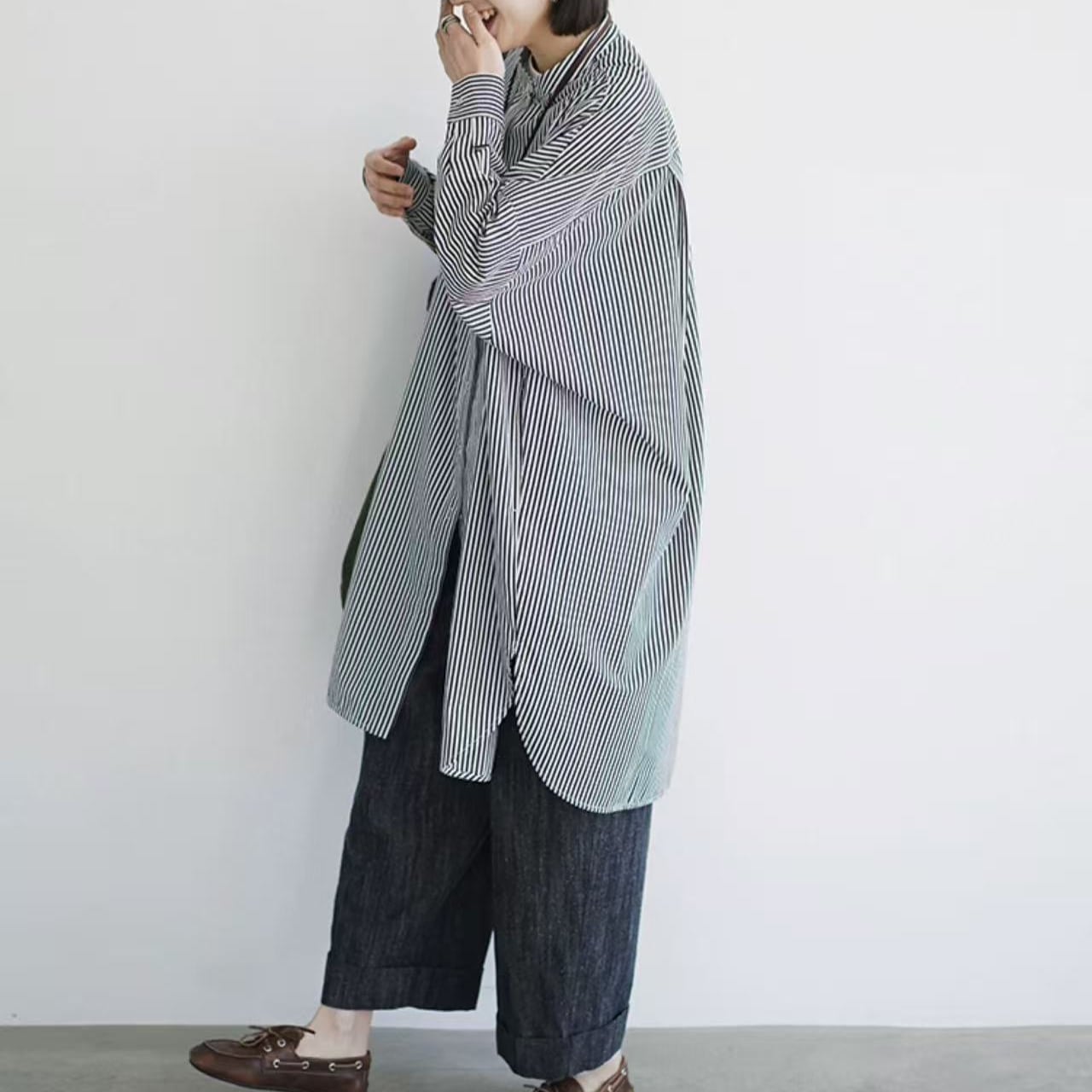 ストライプ柄長袖ロング丈シャツ 01157