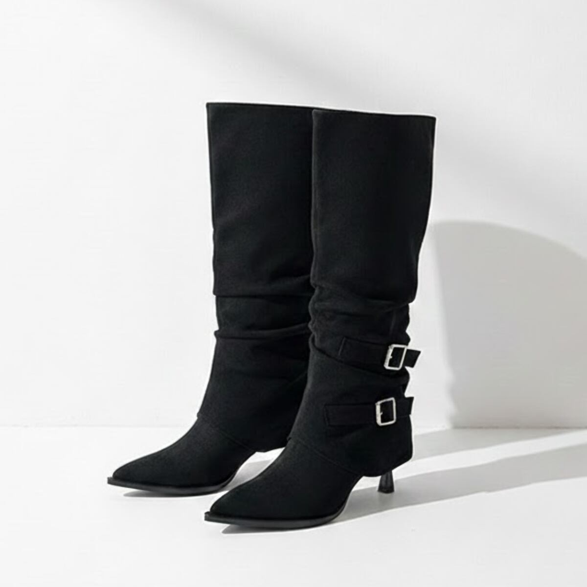 Buckle-Strap Shirring Suede-Look Long Boots ch0066