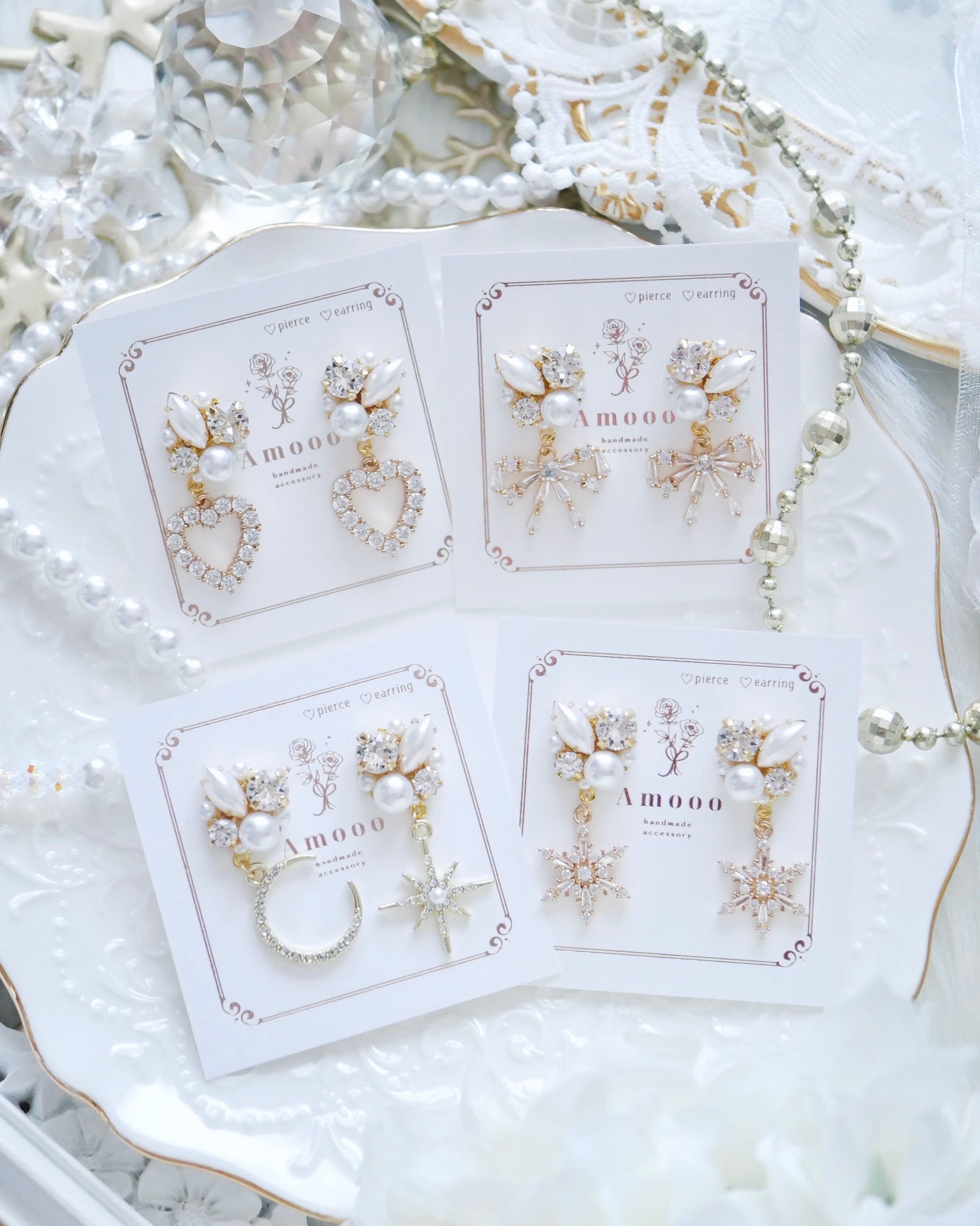 \特別価格/7129 クリスタルパールリーフチャームビジューピアス/イヤリング