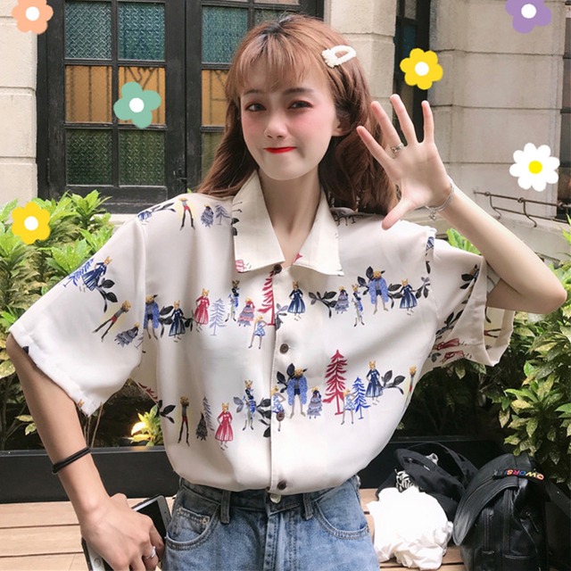 スタンダードスタイルプリントシャツ トップス サマー ロング レトロ 夏物 萌量不足96124201122