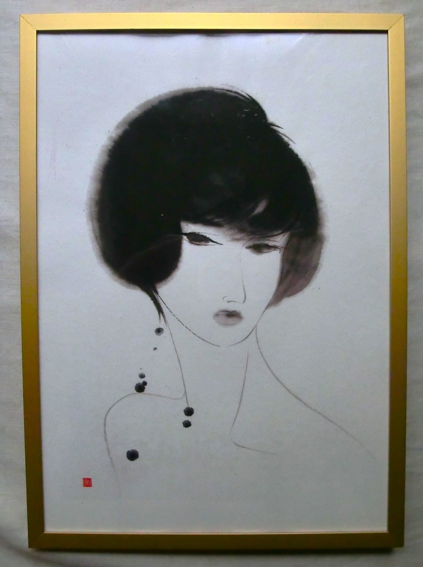 小平「山水人」水墨画 額縁外寸74.5x74.5x3.0㎝ 内寸サイズ65.8x65.8