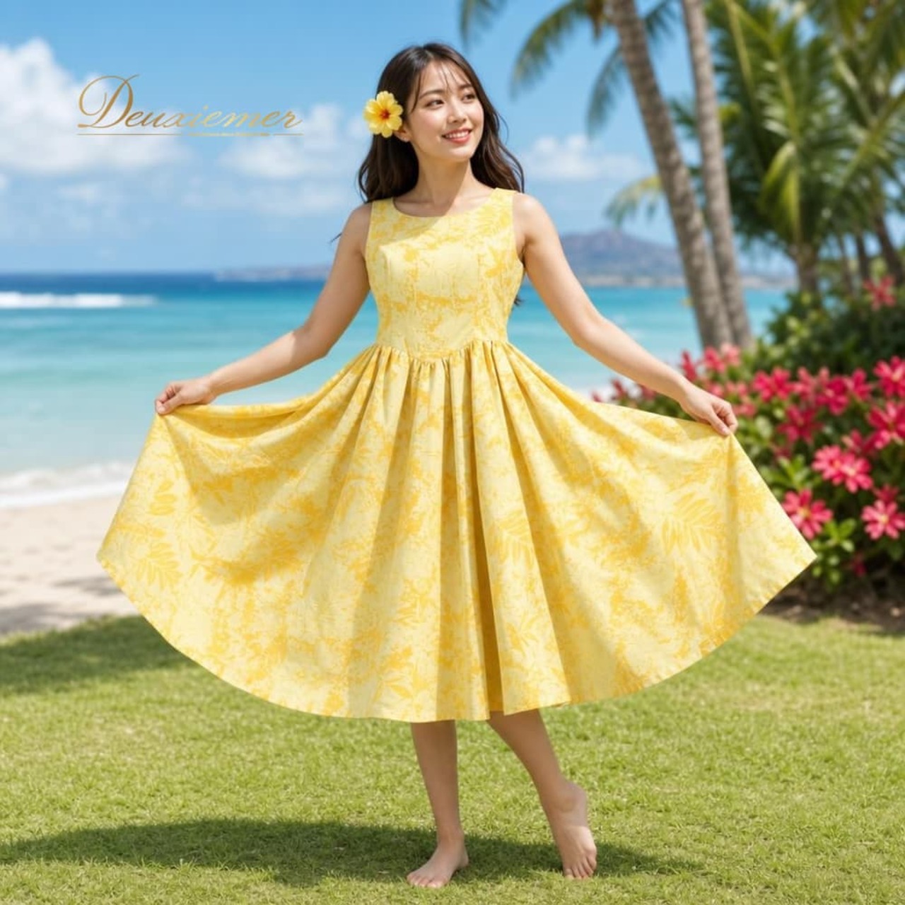 フラダンス 衣装 ALOHA STANDARDS アロハスタンダード ワンピース ドレス イエロー系 植物柄 ハワイアンプリント ハワイアン アロハ フラ ダンス レッスン 練習 フレアスカート 黄 ノースリーブ 華やか かわいい おしゃれ 上品 大人っぽい 高級感 ダンス衣装 練習着 レッスンウェア