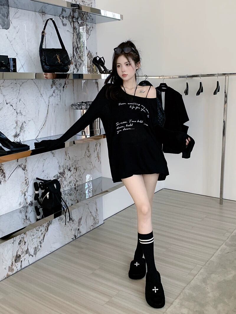 オフショルダー Tシャツ レディース 春 ミッドレングス ブラック