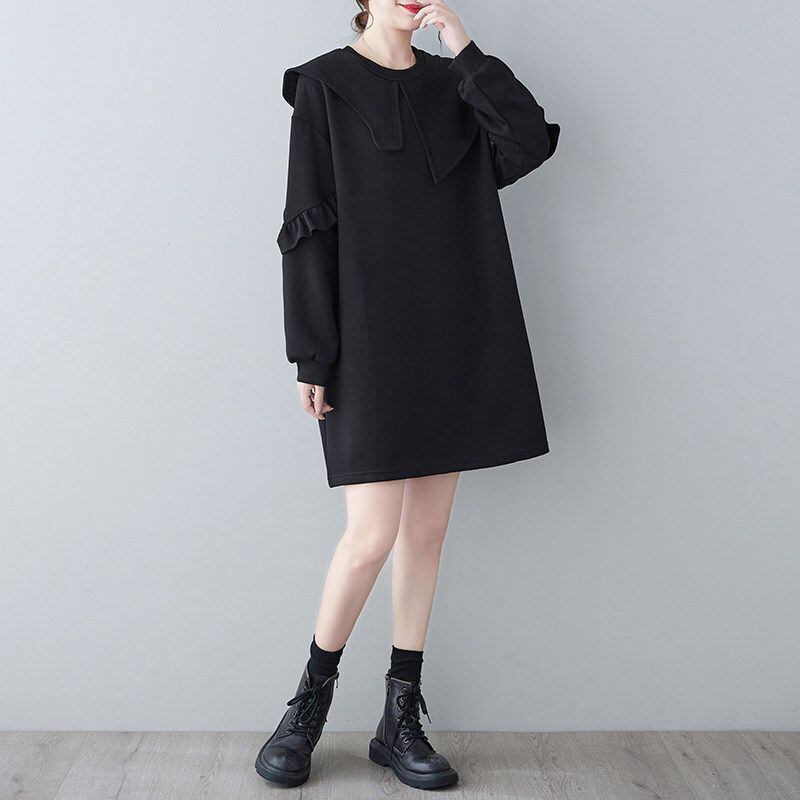 ASYMMETRIC RUFFLED COLLAR RELAXED MIDI DRESS M-18711