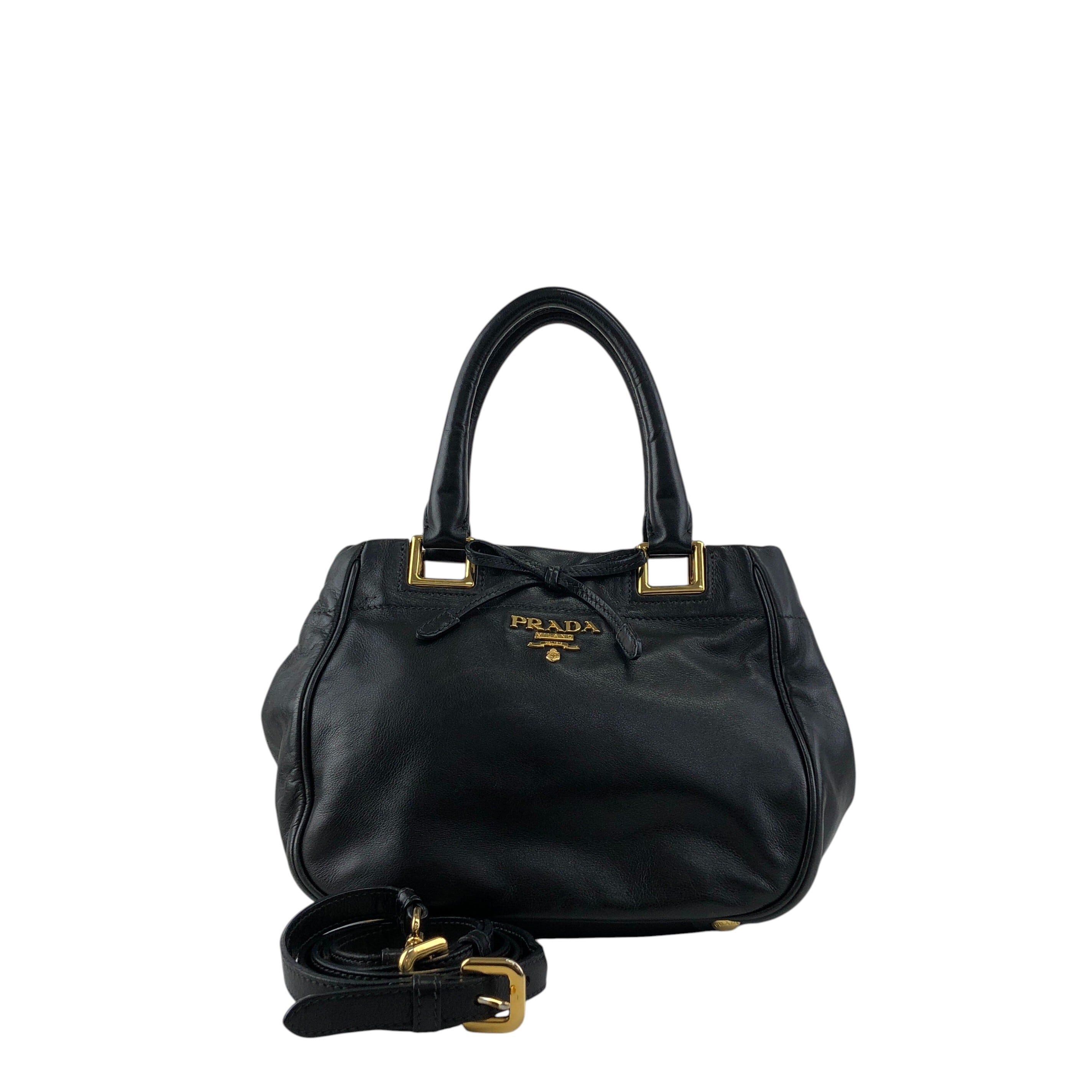 PRADA プラダ ブラックレザー ハンドバッグ リボン付き バッグPRADA 
