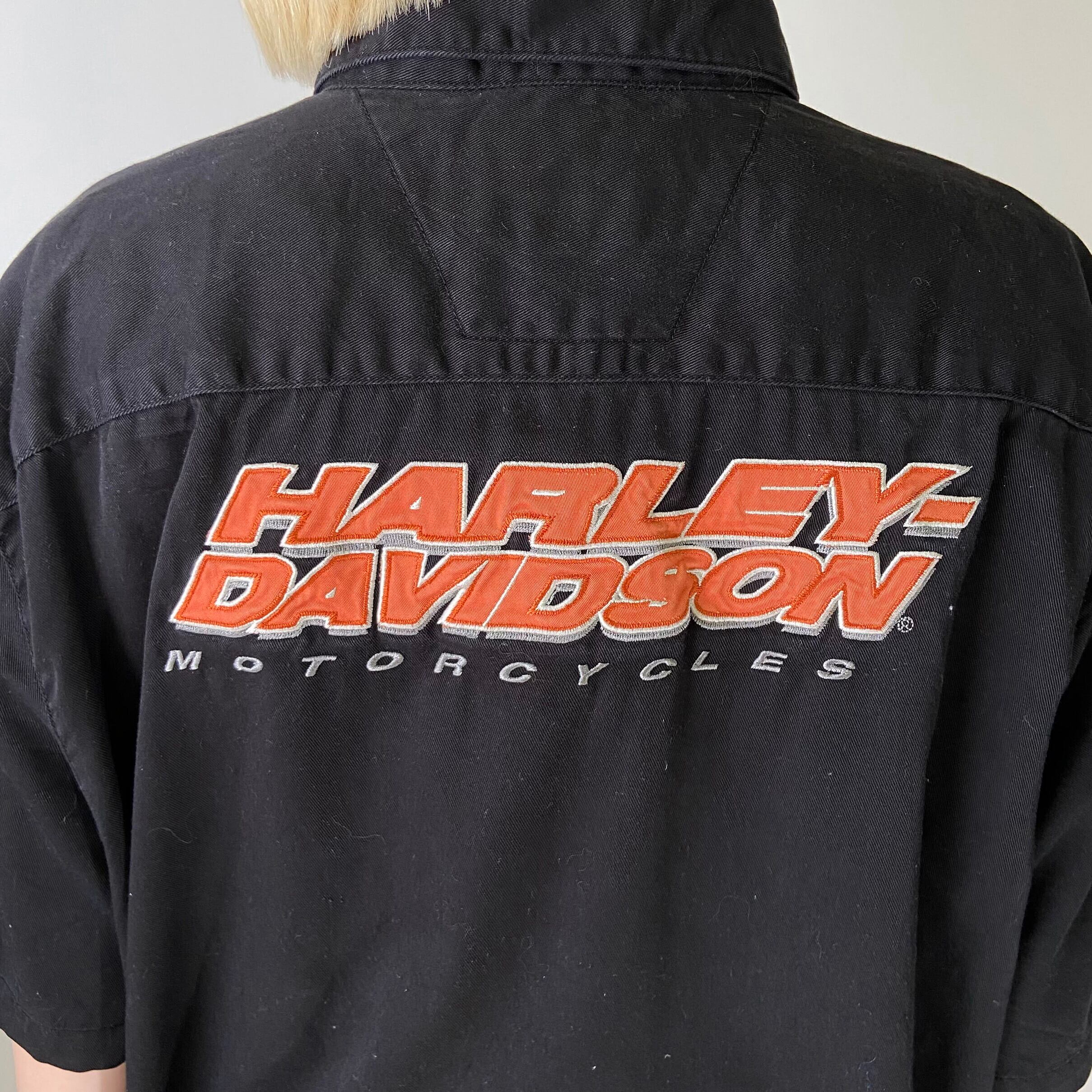 Harley Davidson レーヨン 半袖ブルゾン ハーレーダビッドソン 黒 Harley-Davidson ハーレーダビッドソン バックロゴ刺繍 半袖