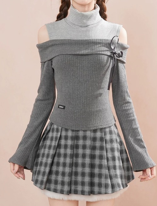 【2点セット】ボーダーハイネックドッキングリブニット+チェックプリーツスカート ・79352