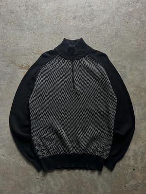 EMPORIO ARMANI ハーフジップニット L ブラック グレー 総柄
