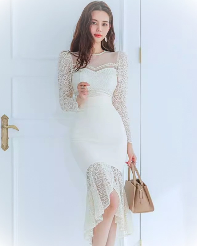 【S-XL】上品色っぽ❤︎white lace fishtail dress♡R188