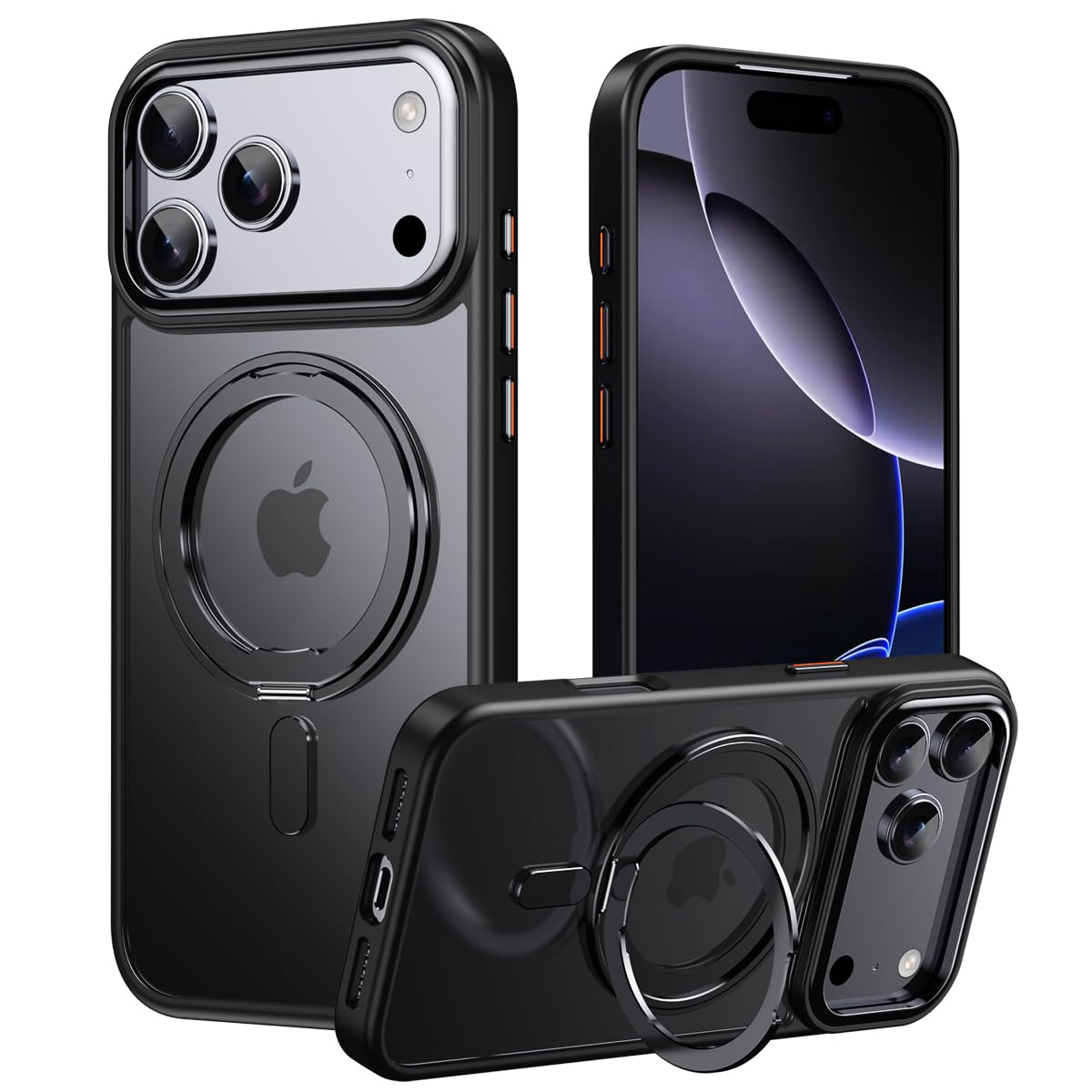 iPhone 17 Pro/18 Pro用 ケース カチカチ回る360度回転リング MagSafe対応 いphone18pro用 指紋防止 ブラック