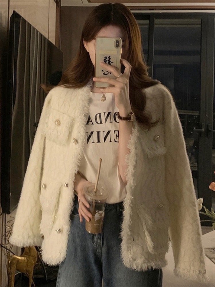 着るだけで雰囲気美人 ふわシャギーパールボタンジャケット 長袖 差し色 大人可愛い ガーリー フェミニン かわいい 体型カバー 大きいサイズ 韓国 CH11265