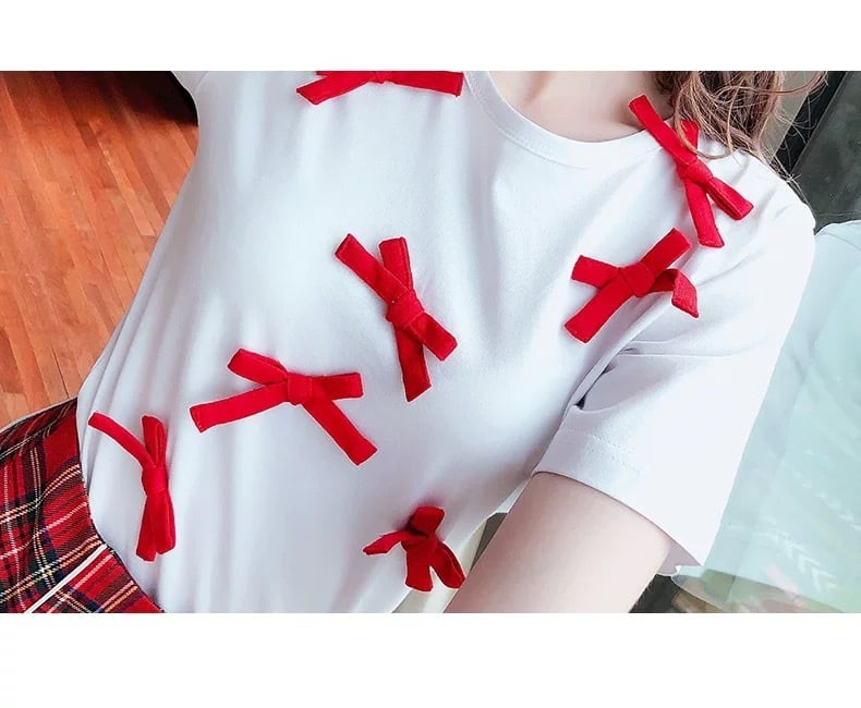 赤 リボン Tシャツ カジュアル トップス 白 ホワイト XL