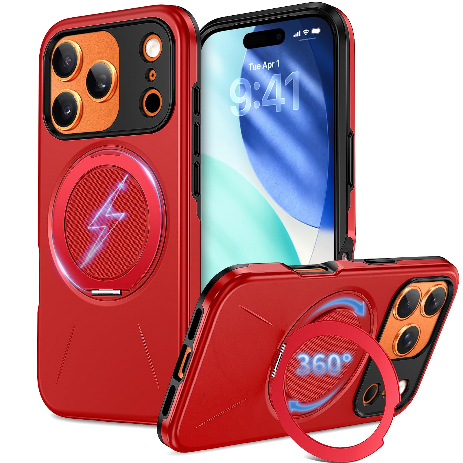 mneudedu 対応 iPhone 18 Pro / 17 Pro 用の ケース Magsafe対応 360°回転スタンド 赤