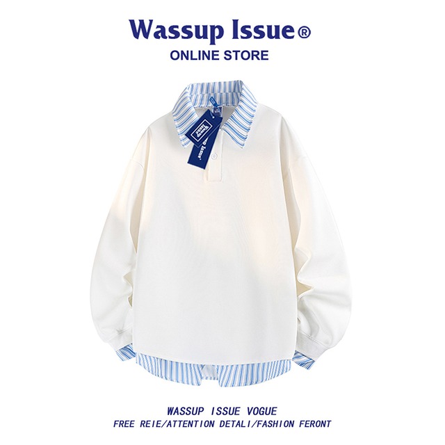 ♥重ね着風トップスで大人カジュアル!【WSシリーズ】★POLOシャツ★ 3color ユニセックス トップス 大きいサイズ 縦縞 縞模様
