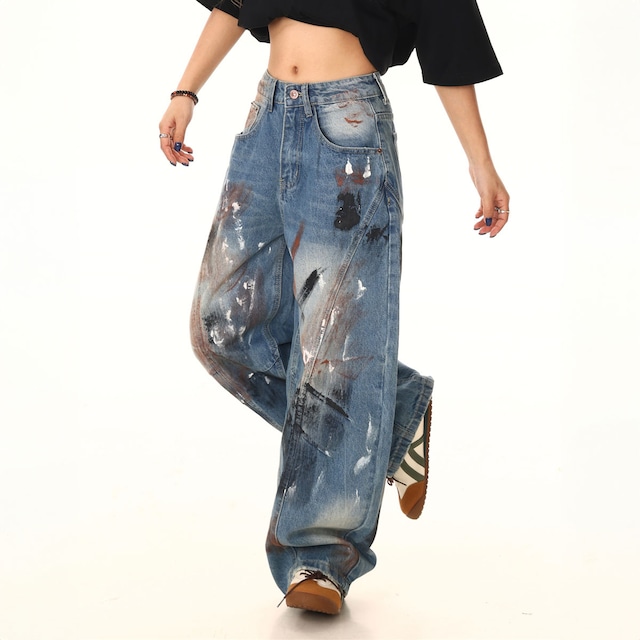 グランジペイントカジュアルワイドデニム R00965